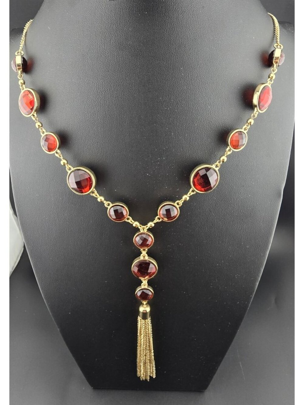 Banana Republic Faceted Red Stone "Y" Tassel Gold-Tone Tassel Bold Statement - Picture 6 of 9